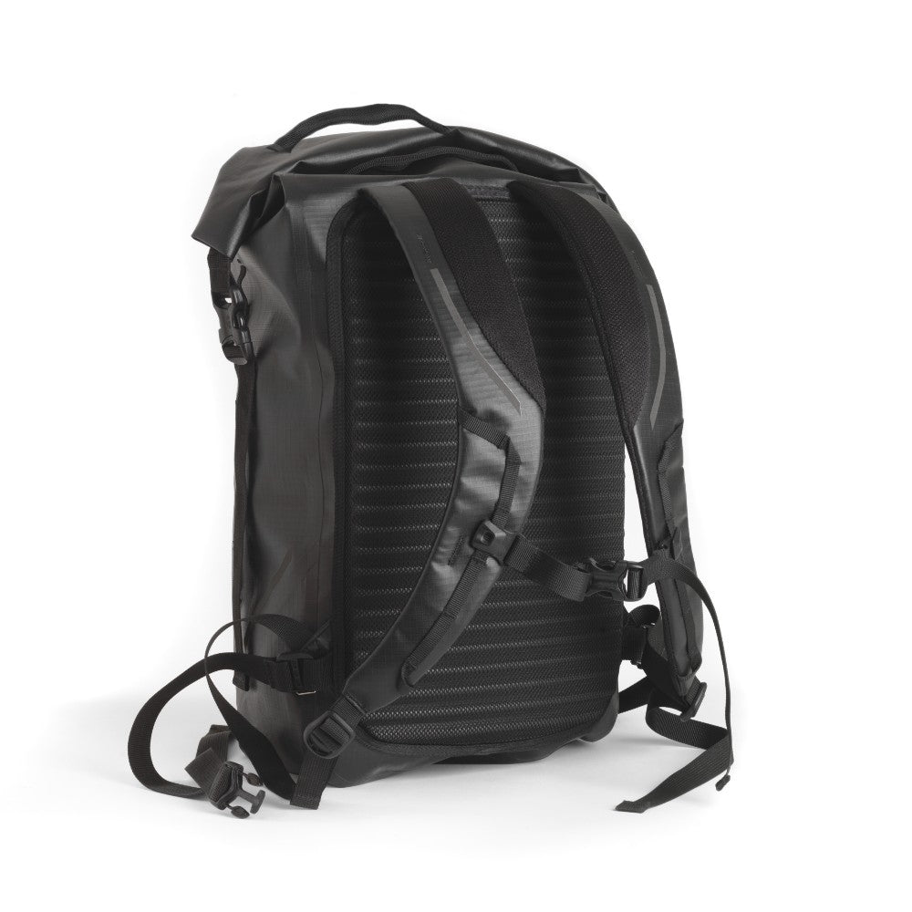 Back of 360 orbit backpack in black with two straps