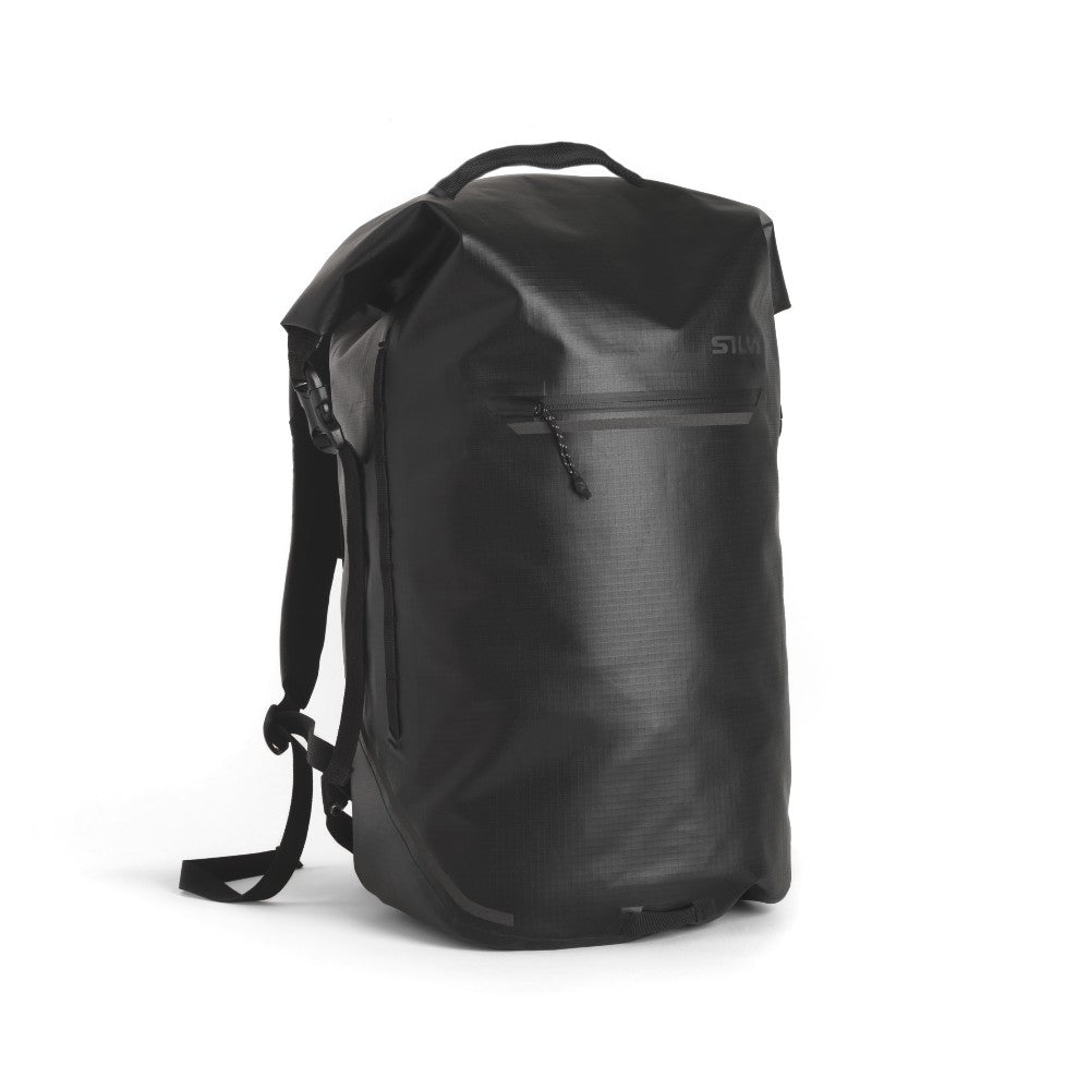 Front of 360 Orbit Backpack in black, with small pocket 