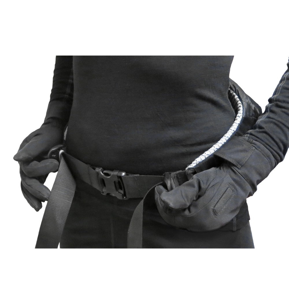 Flow belt pull to release. Image showing person wearing the belt front view