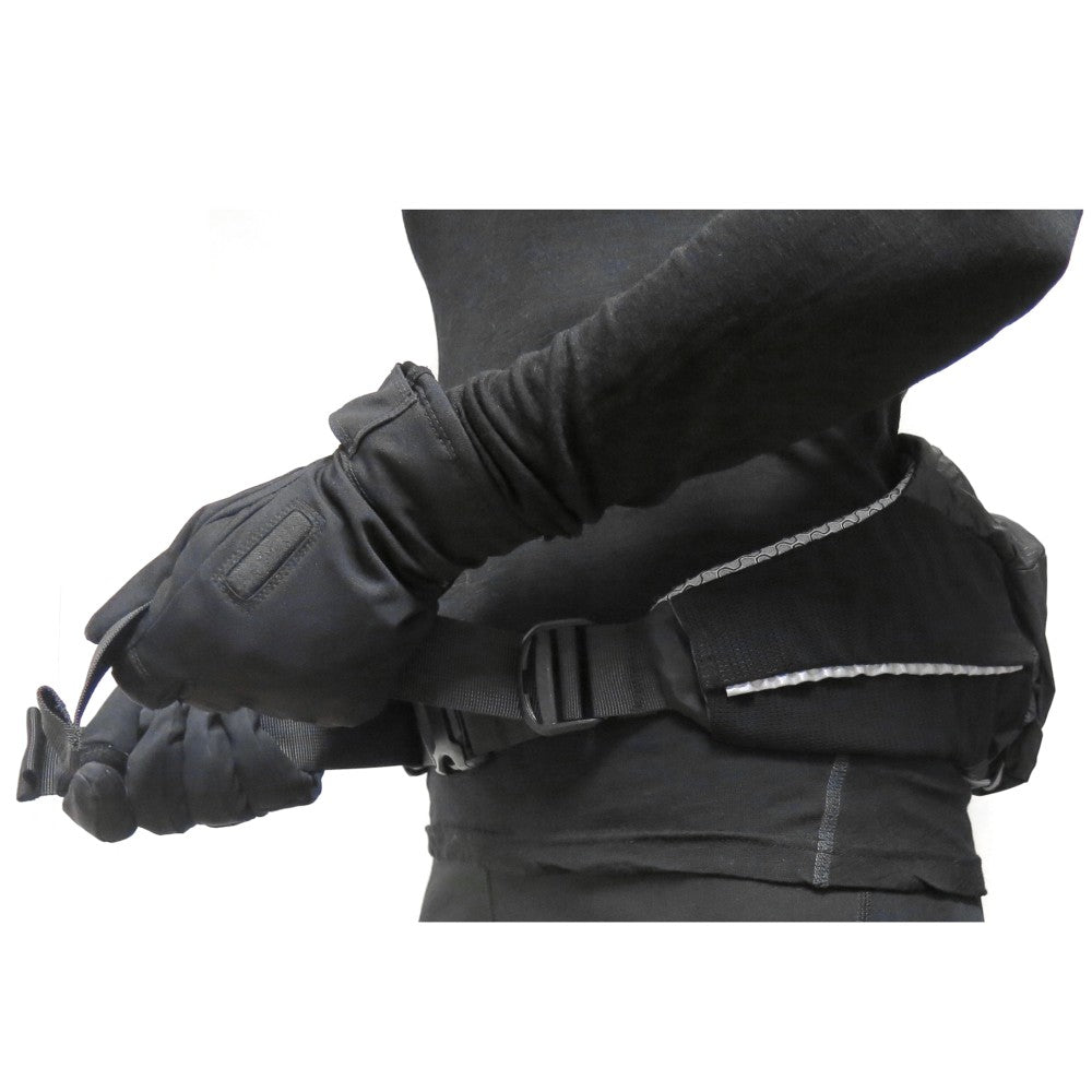 Flow belt pull to release. Image showing person wearing the belt side view